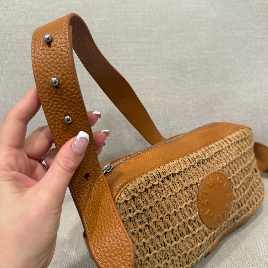 Simon Miller Sling Straw & Leather Camera Crossbody Bag Tan - Image 4