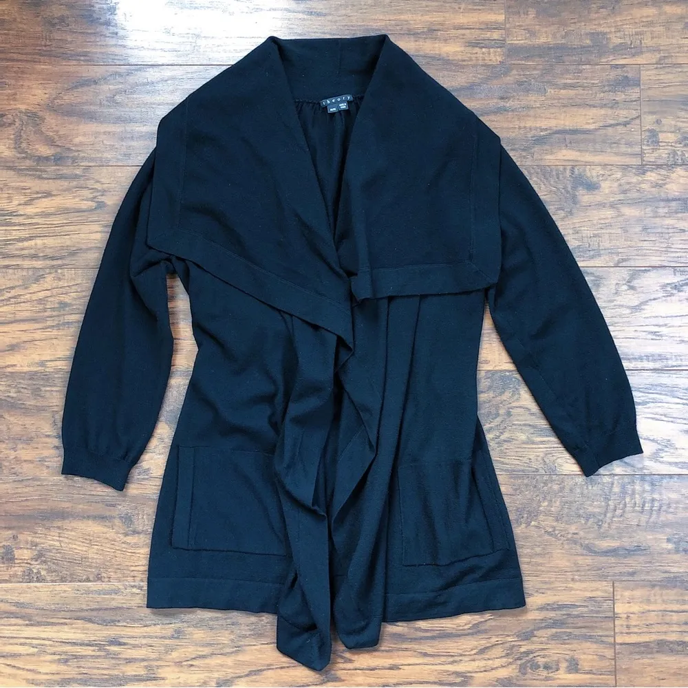 Theory • Maritza B New Steady black cardigan wool draped open front 3/4 sleeve - Image 2