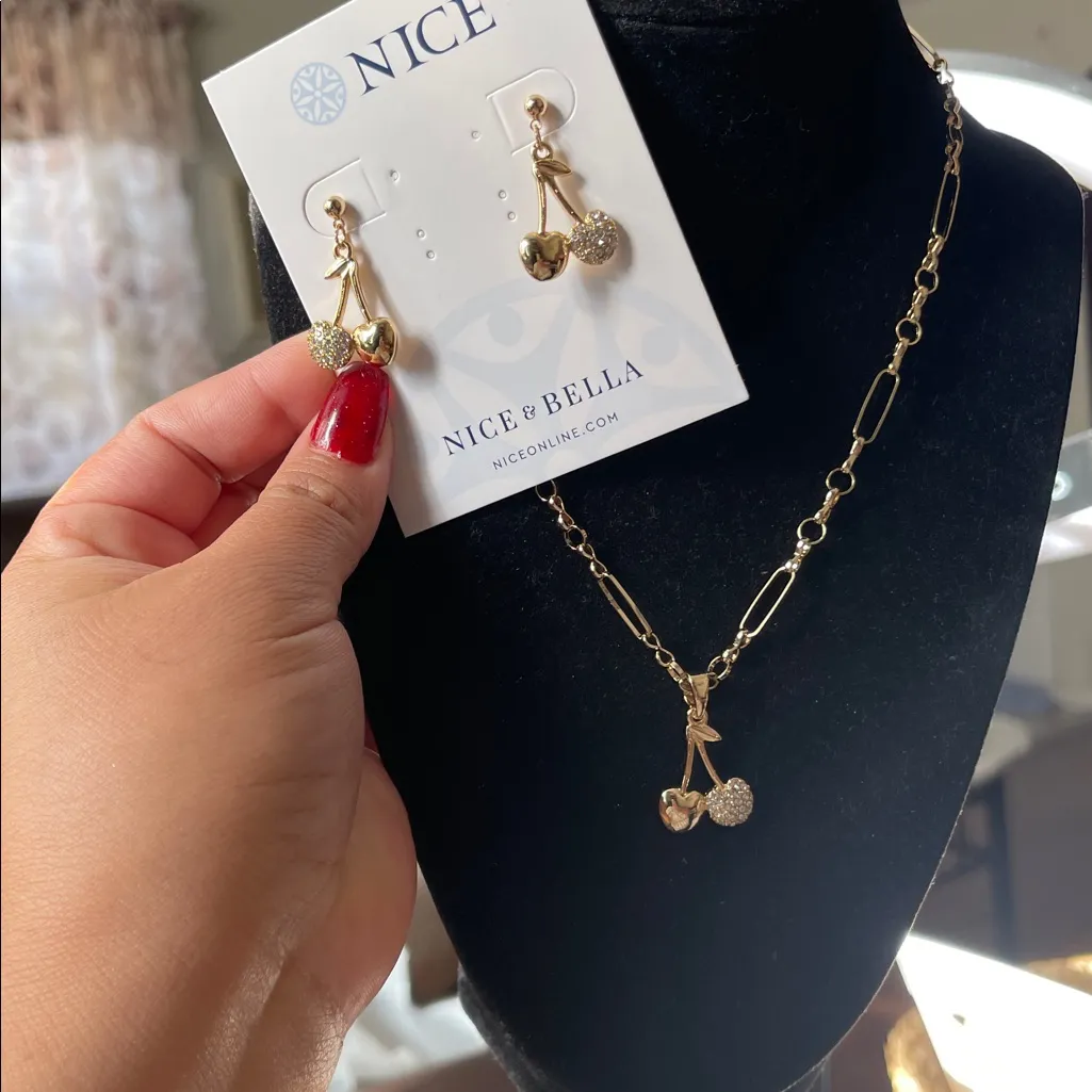 Gold and Silver Cherry Jewelry Set - Image 2