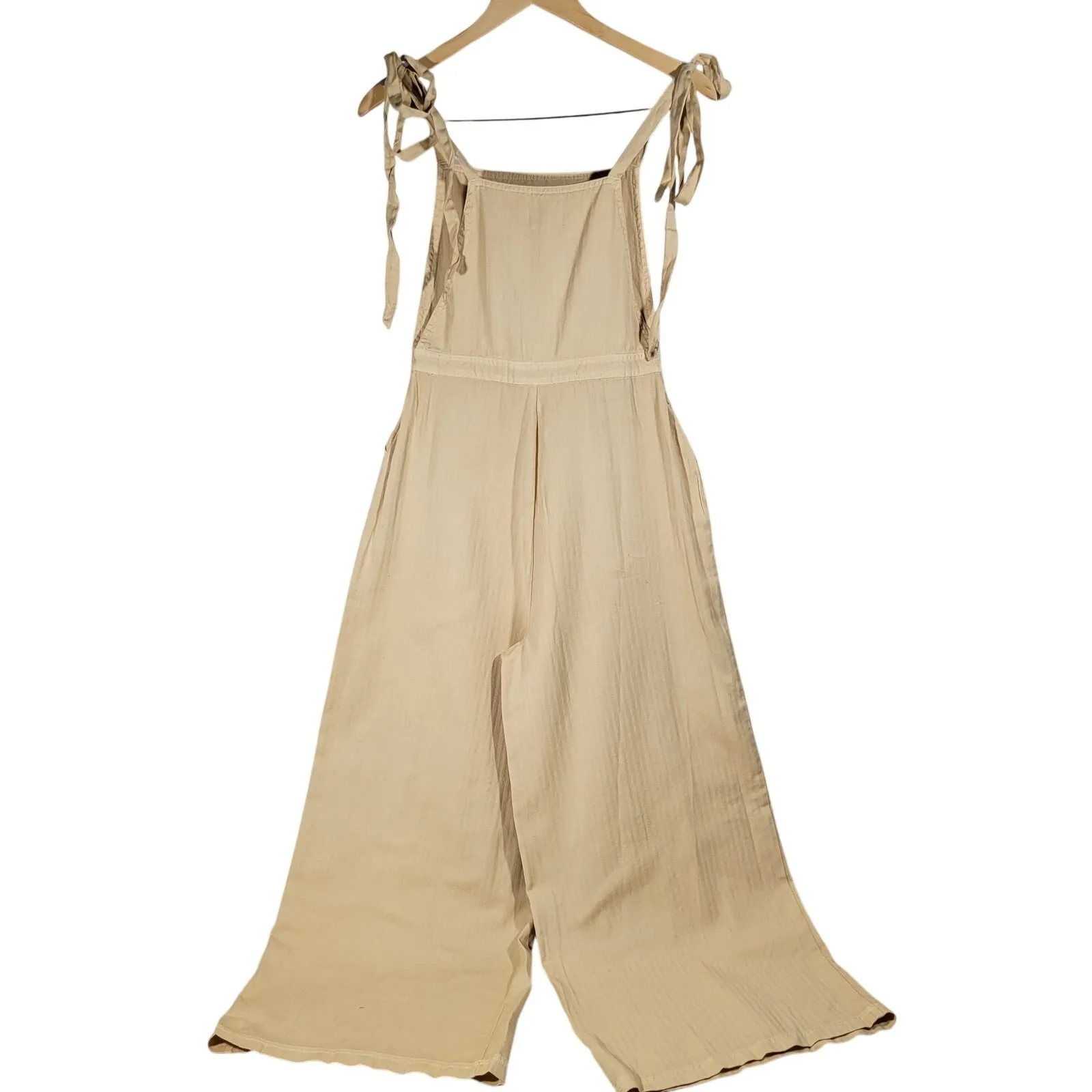 ASOS‎ DESIGN Wide Leg Tie Strap Jumpsuit Tall Beige Cotton Women's Size 0 Tan - Image 2