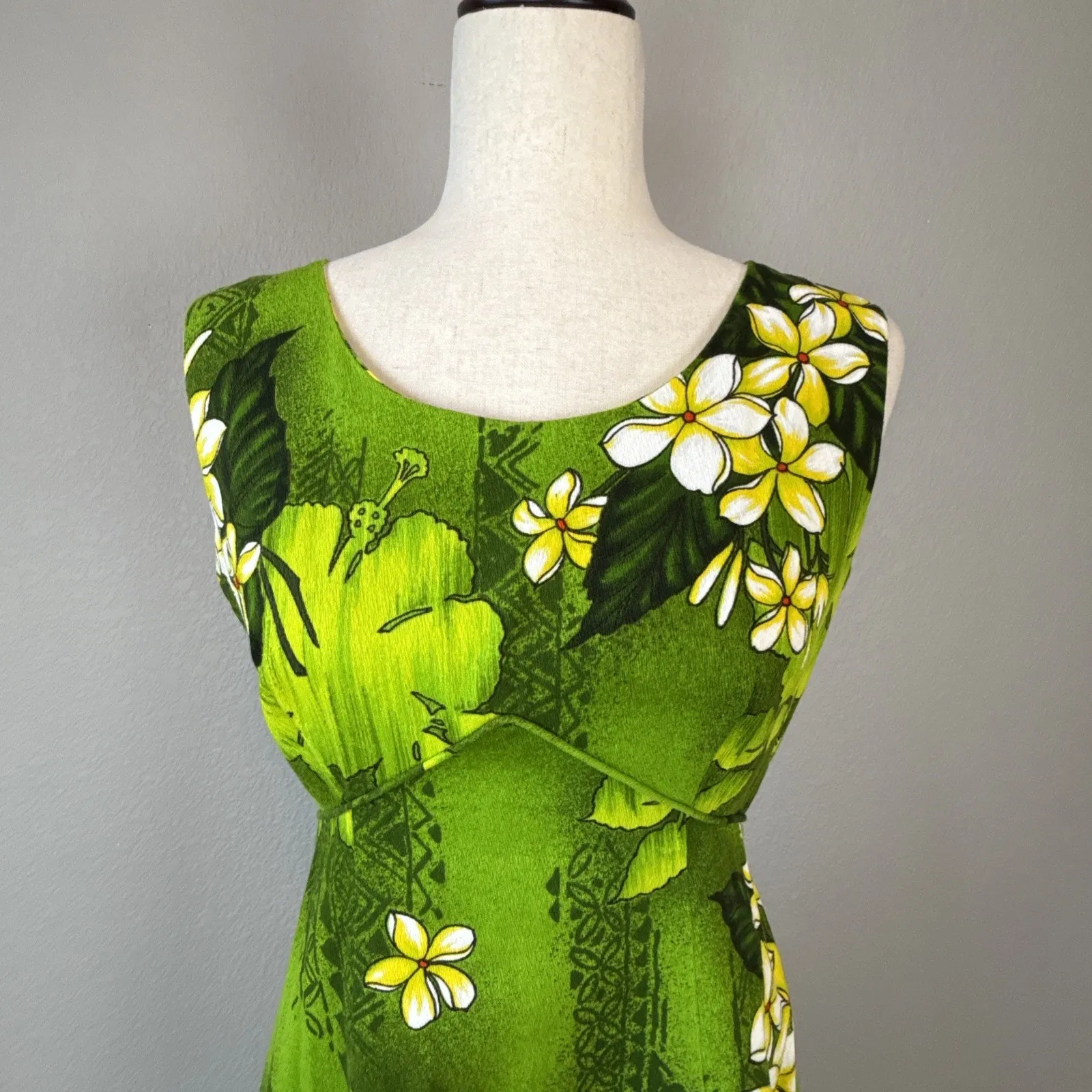 Vintage Royal Hawaiian Green Tropical Tiki Floral Barkcloth Maxi Dress Size XS/S - Image 3