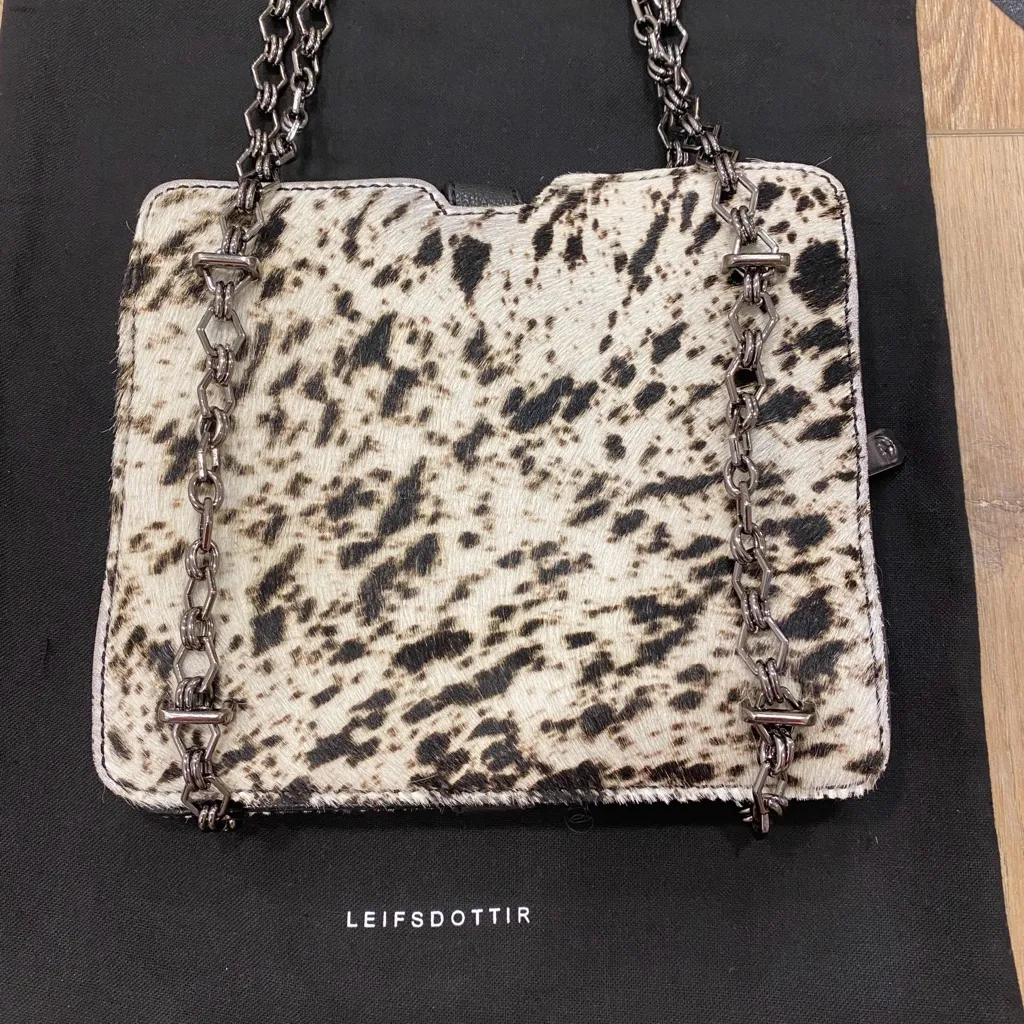 🌟LEIFSDOTTIR🌟 COW PRINT CALF HAIR LEATHER CHAIN SHOULDER BAG BLACK / WHITE - Image 9