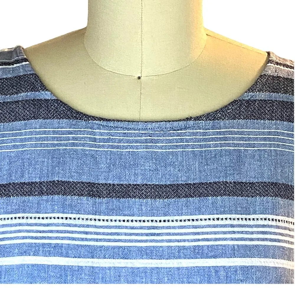 LOFT Blue Striped Linen Sleeveless Summer Tie Back Blouse Frayed Edge Top ~ L - Image 4