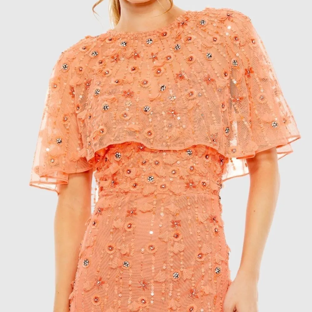 MAC DUGGAL 93653 Orange Embellished Illusion Cape Sleeve Trumpet Gown Dress - Image 2