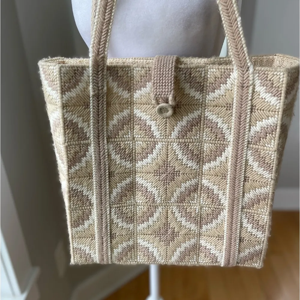 Vintage White Neutrals Handmade Bargello Needlepoint Lined Square Tote Bag Purse Tan - Image 11