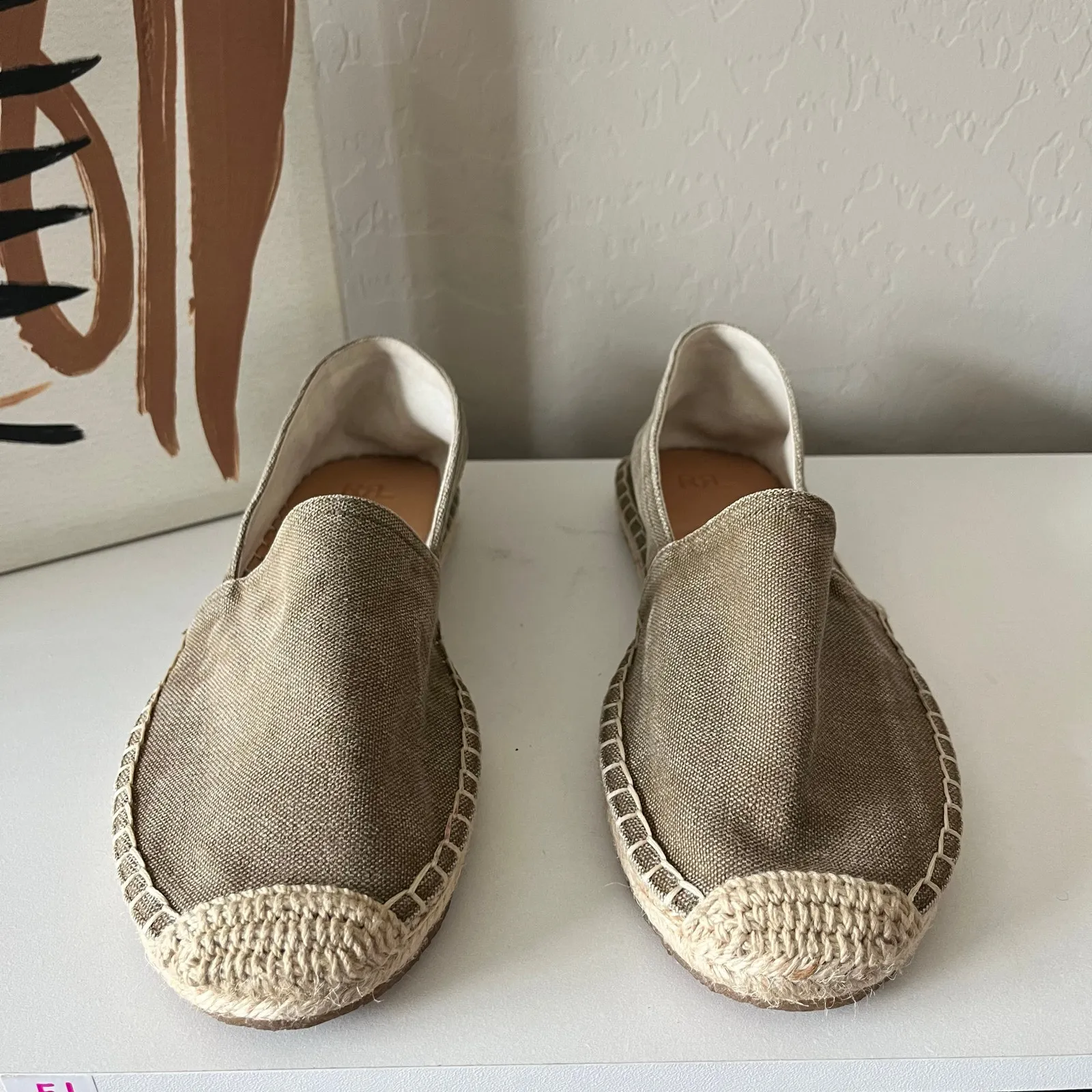 RRL Ralph Ralph Lauren Beige Olive Canvas Flat Slip On Espadrille Shoes‎ Size 8 Tan - Image 3