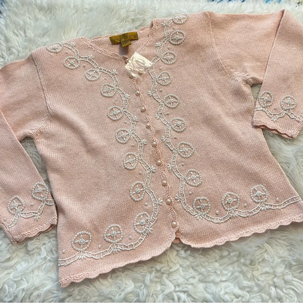 Vintage Eve Tyler Pink Pearl Beaded Sweater Cardigan Button Up Size Large - Image 13