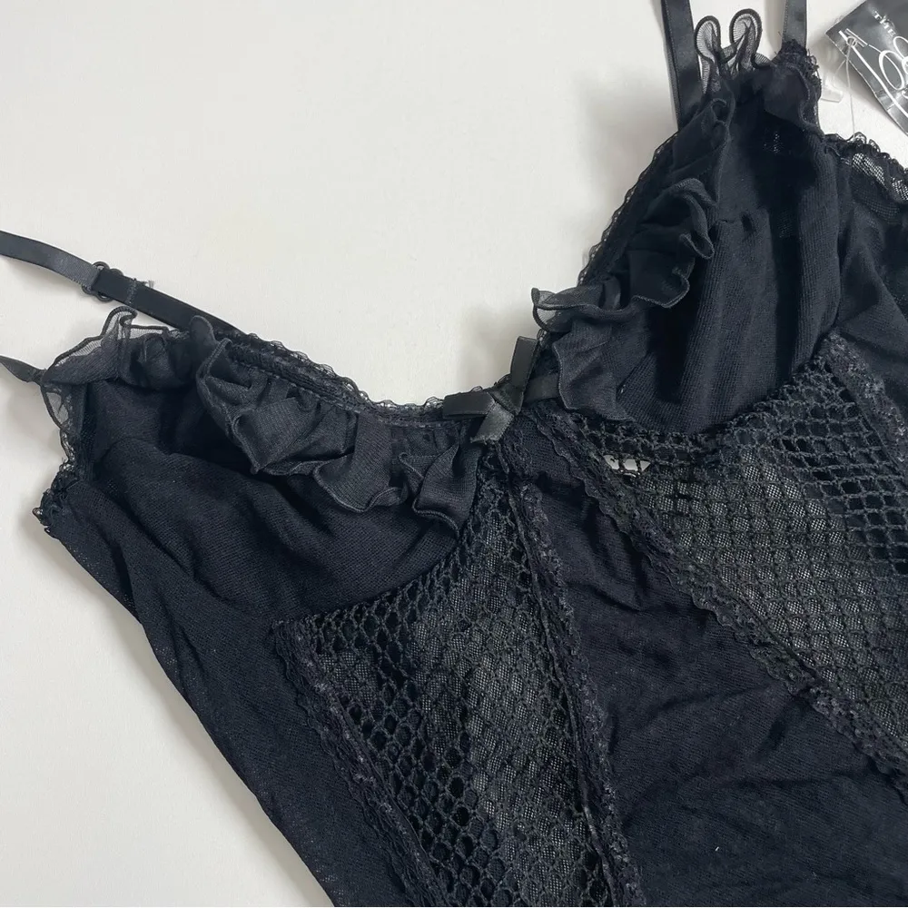 Escante Nighty Bodysuit Garter Belt Bra Underwire Sheer Mesh Netting Ruffle Belt Black Size L - Image 3