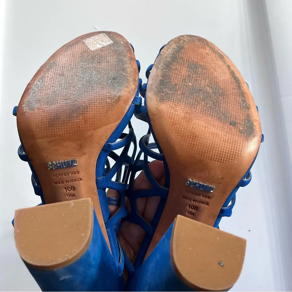 Schutz Azure Blue Jaden Cage Block Heel Nubuck Sandals Women’s 10M - Image 11