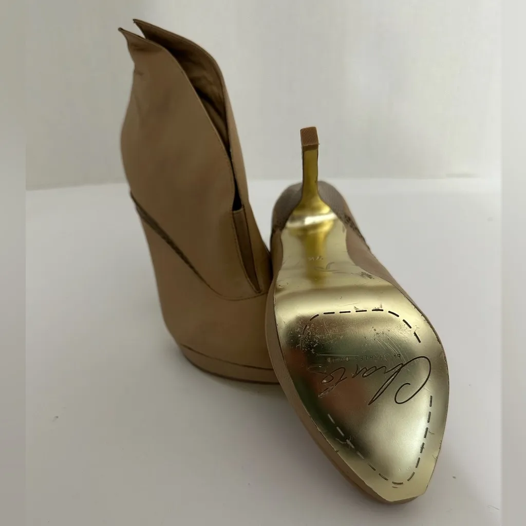 Charles by Charles David Tan Asymmetric Ankle Booties Snake Heel Y2K Size 7.5 - Image 12