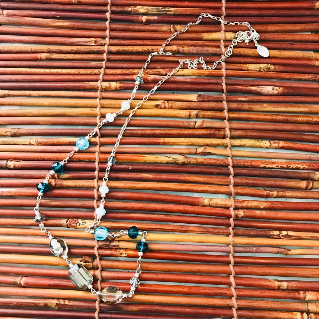 White House Black Market Blue Glass Beads Silver Tone Necklace - Image 5