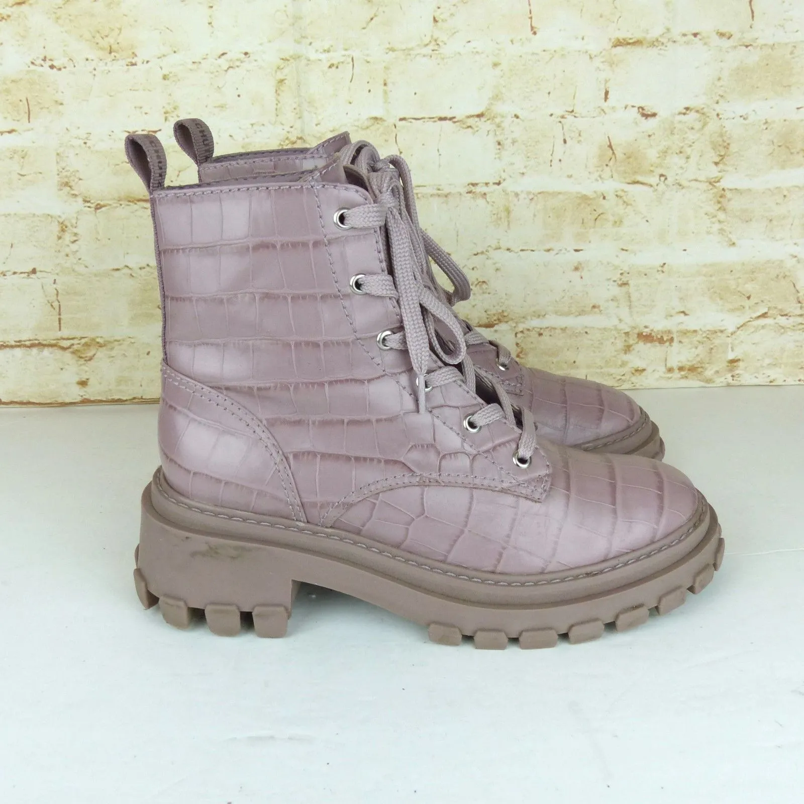 Schutz Orly Croc Embossed Combat Boots Women 8 Lilac Patent Leather Chunky Lug - Image 3