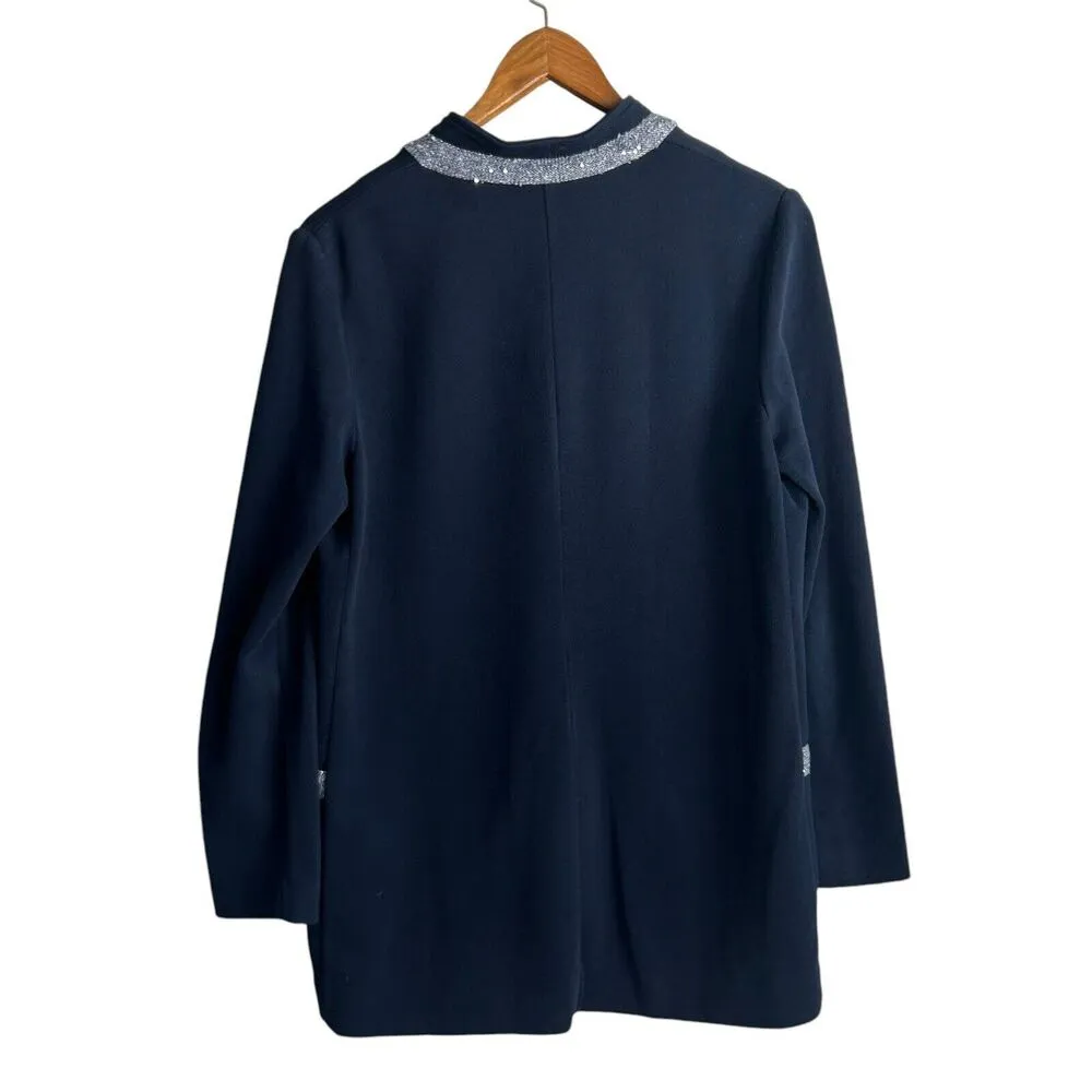 PAUL STUART Blazer Womens 46 / 8 NAVY linen Blend Knit Jacket Career Sequin Trim Blue - Image 5