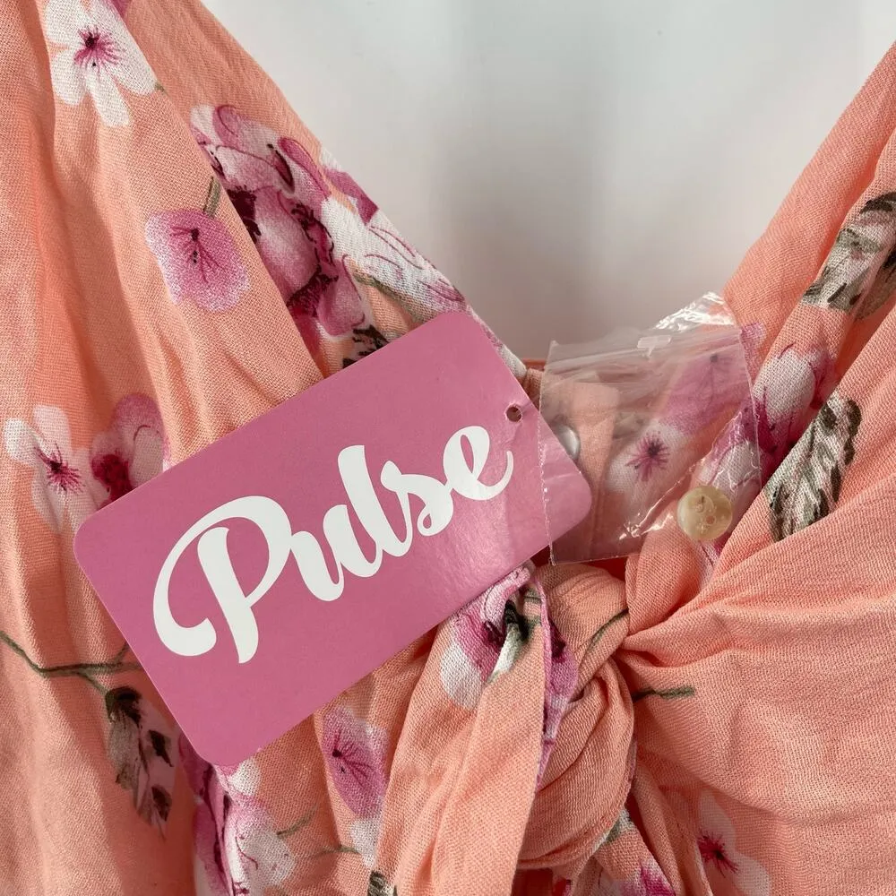 PROMESA Dress Size Medium NWT Floral Peach Button Down Tie Mini Boutique - Image 5