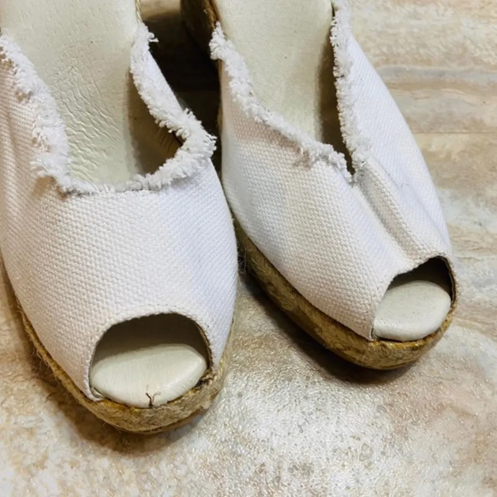 Saks Fifth Avenue Wedges White Woven Canvas Fray Lace Up Leg High Heels Sandals - Image 2