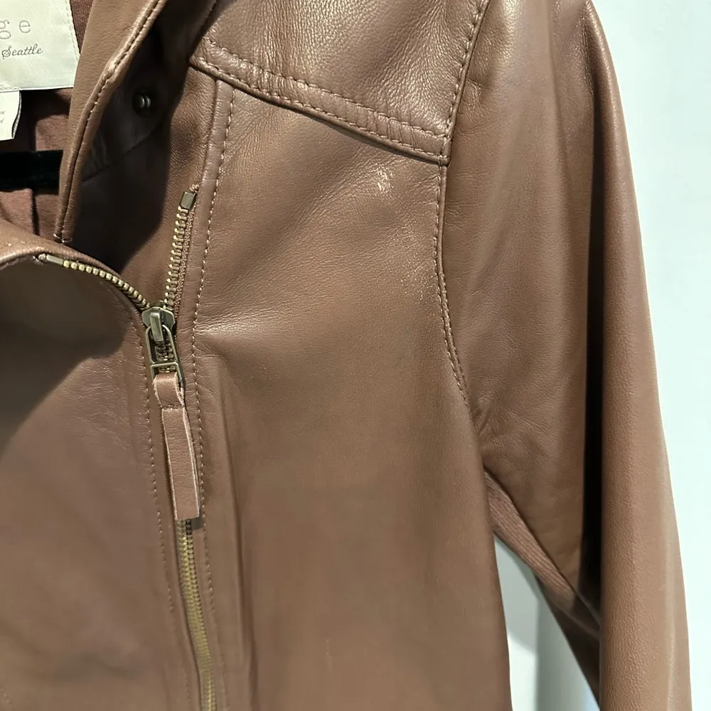 Hinge Hooded Brown Leather Jacket - size small - Image 7