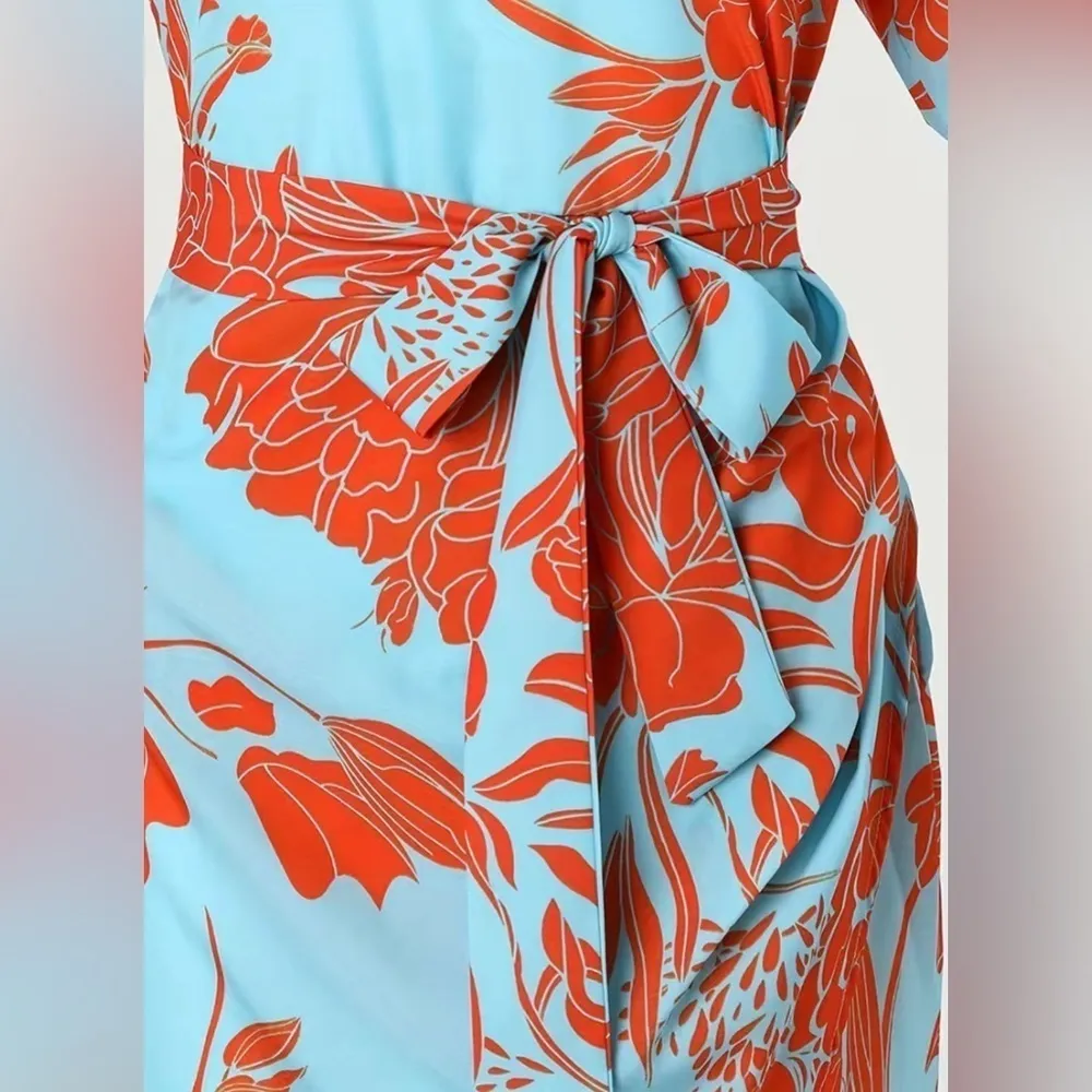 Plant Print V Neck Casual Asymmetrical Hem Tie Waist Dress Size M - Image 4