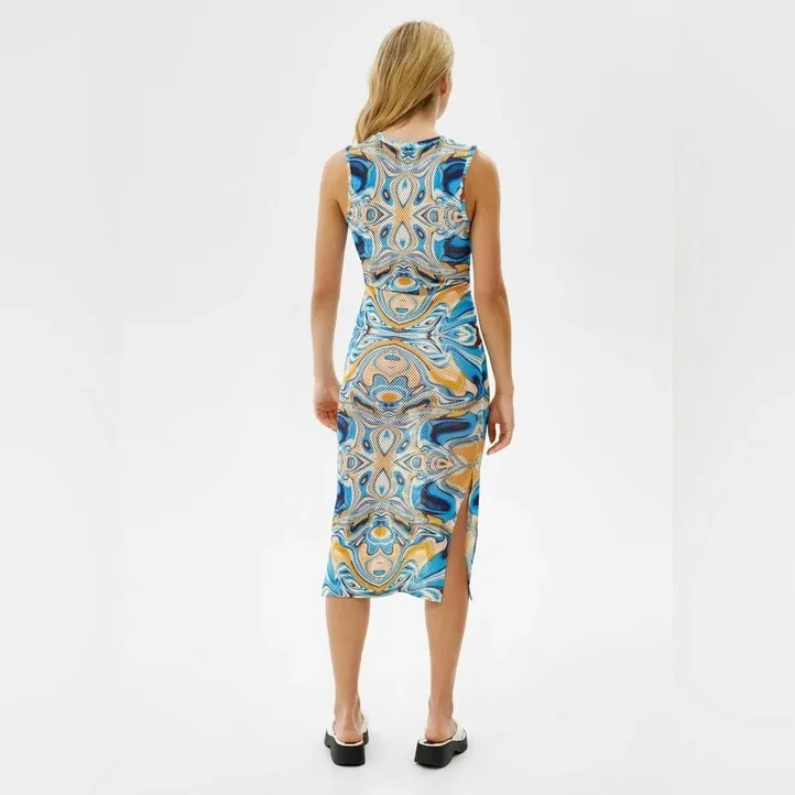 Bershka Blue Orange Bodycon Sleeveless Shift Dress Mesh Sz Large - Image 3