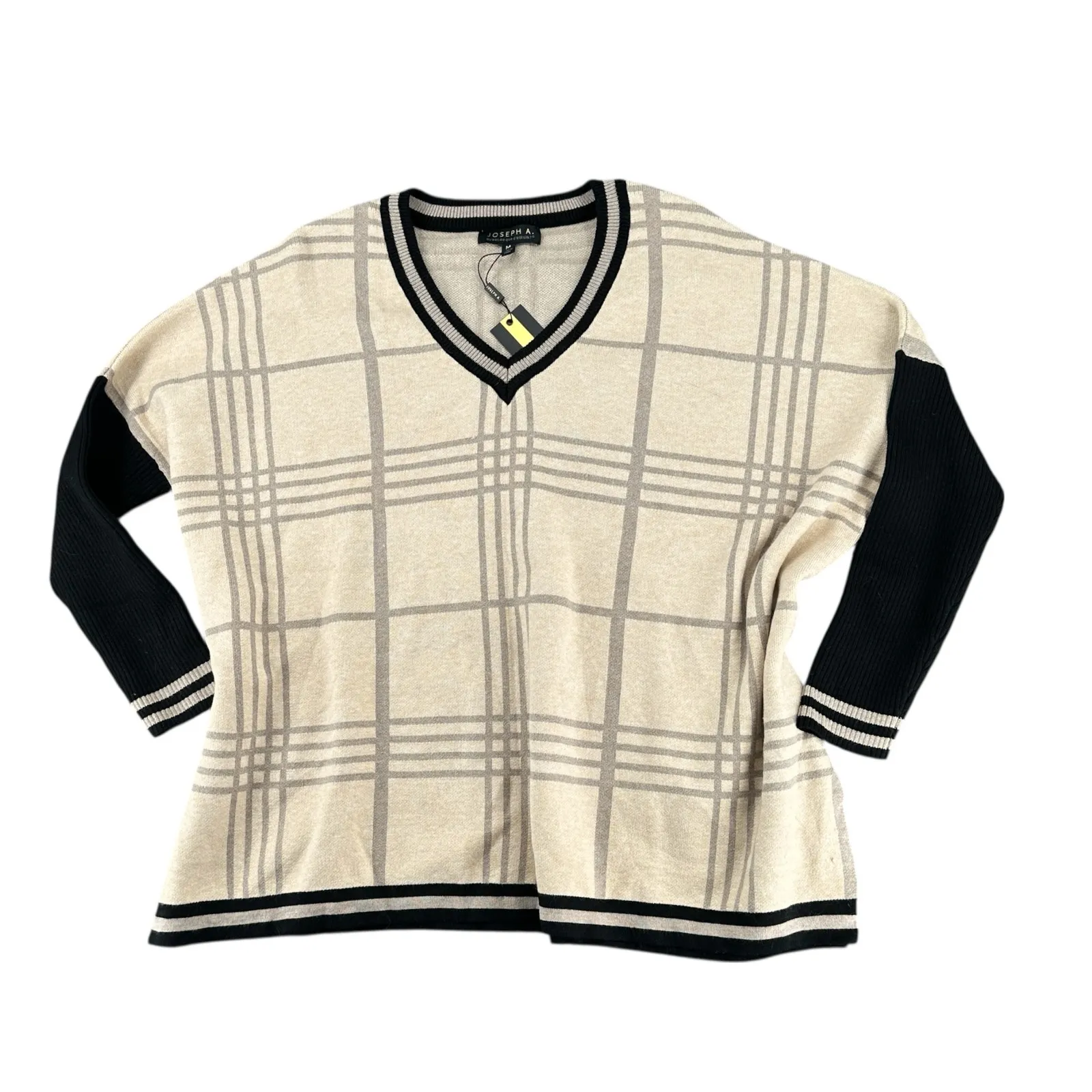 Joseph A. Winter Plaid Oversized Sweater Black Cream Preppy Soft Medium - Image 2