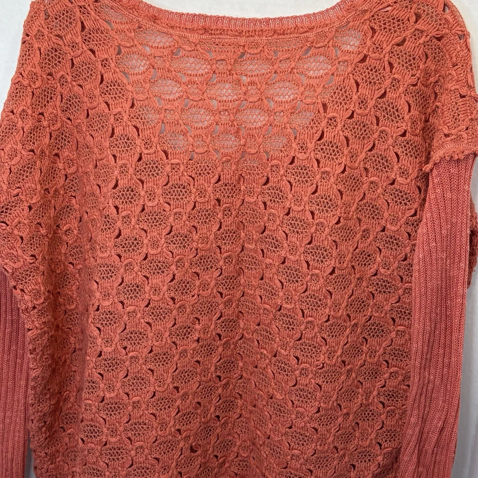 Free People Windows To My Soul Open Knit Ruffle Hem Crochet Sweater Sz S Boho - Image 5