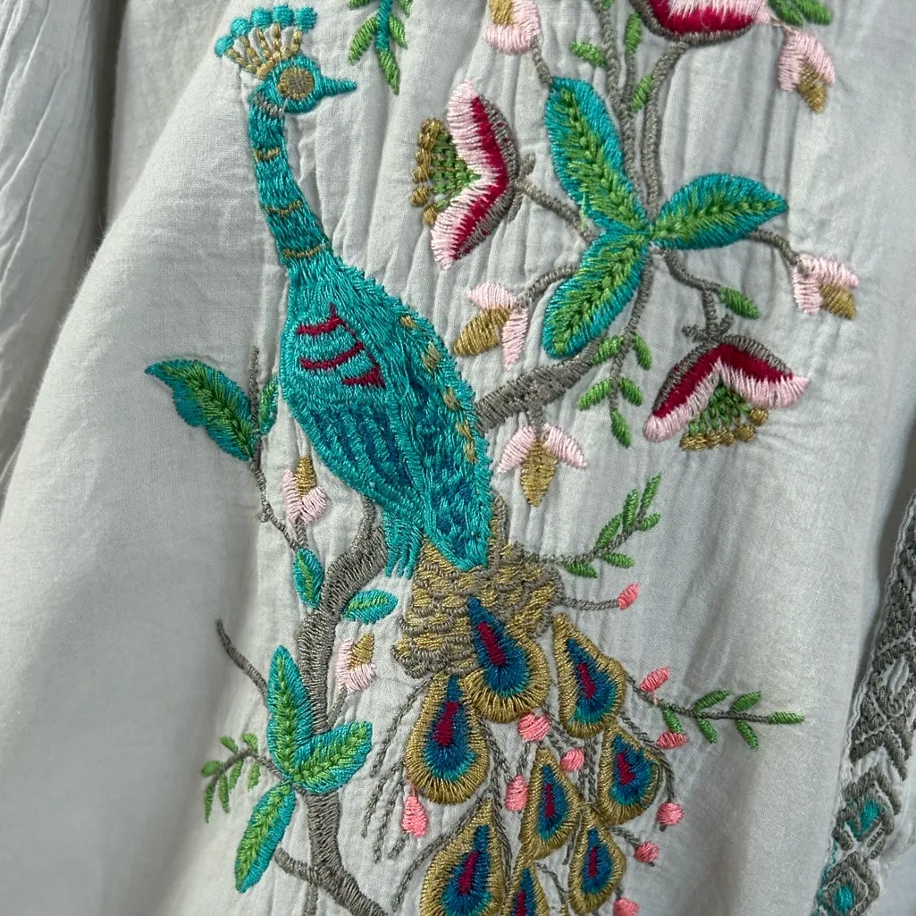 Johnny Was bohemian floral peacock embroidered artistic chic button down top S - Image 6