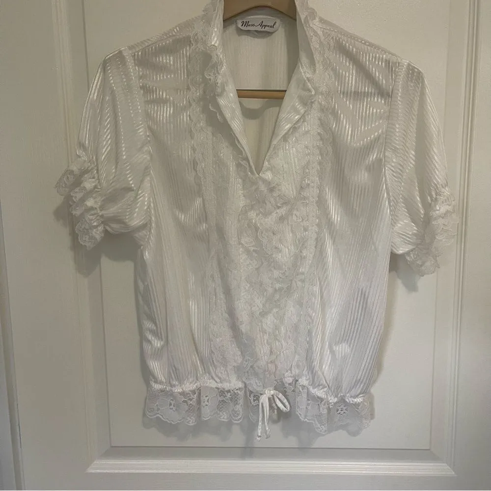 Vintage Mass Appeal Blouse Shimmer White US Large Ruffle Victorian Lace Dramatic - Image 2