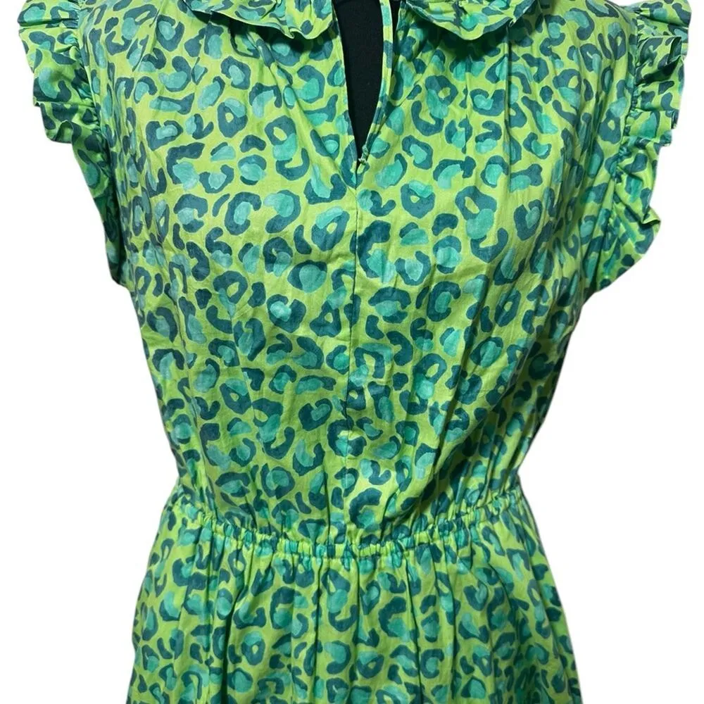 TUCKER NYC Dani‎ Dress Midi Tiered Ruffles Hugs & Kittens Cotton Print Green Size M - Image 2