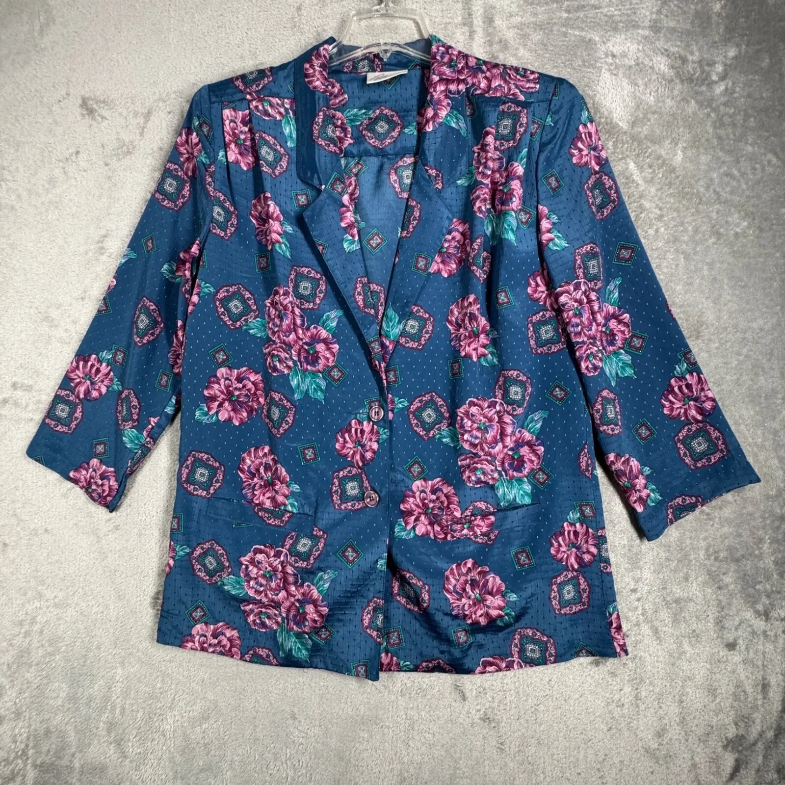 Pykettes Blazer Womens L Blue‎ Pink Floral Print Vintage 80s 90s Cottagecore Blue Size L - Image 2