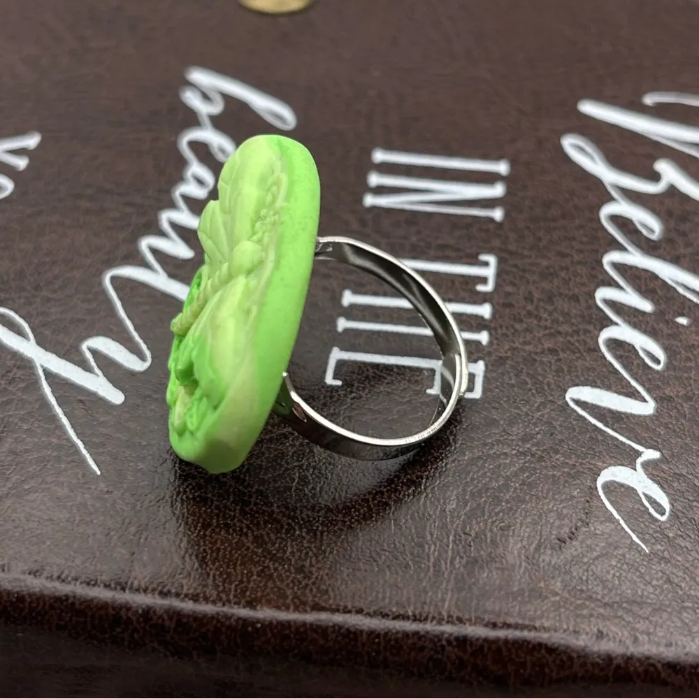 Y2K Lime Green Dragonfly Ring Adjustable Polymer Clay - Image 4