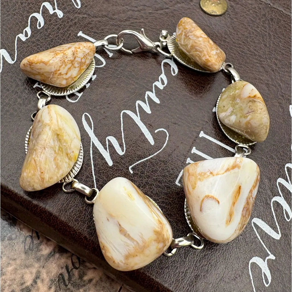 Vintage Handmade Stone Link Bracelet 7” Earthy Jasper Agate Boho Jewelry Tan - Image 2