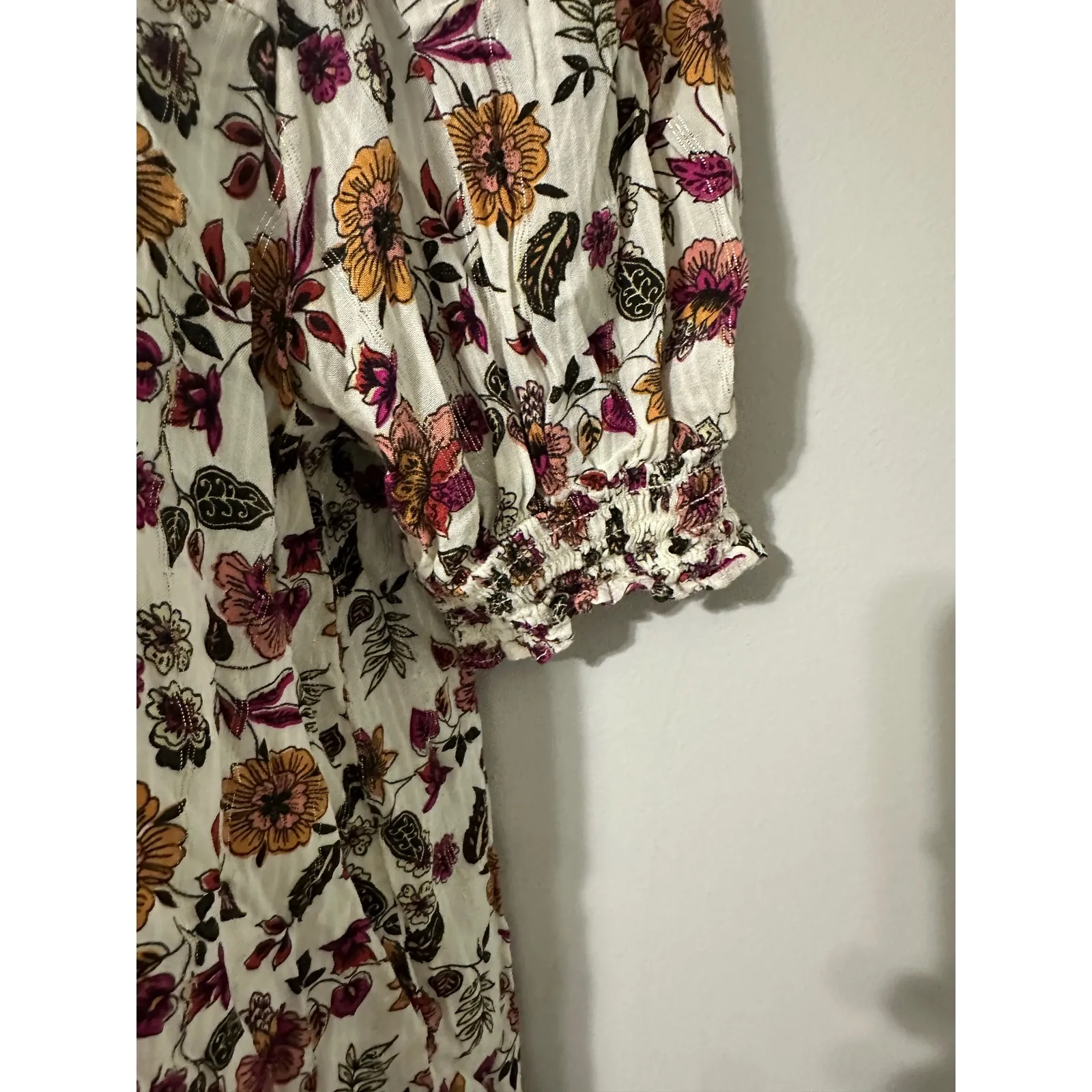 Aqua Floral Print Tie Neck Puff Sleeve Blouse Top Women's‎ Size S Rayon - Image 3