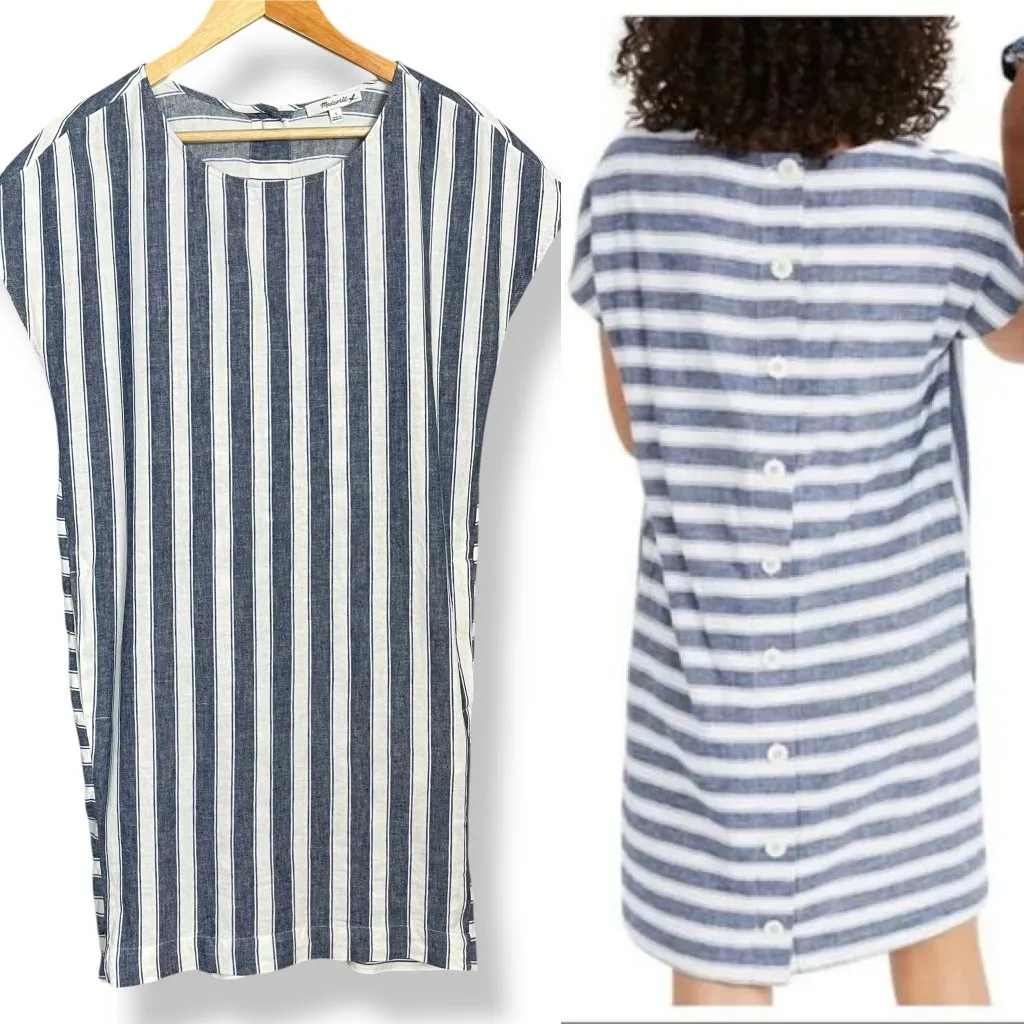 Madewell Striped Play Button Back Dress Small Shift Mini Blue White Casual Beach - Image 3