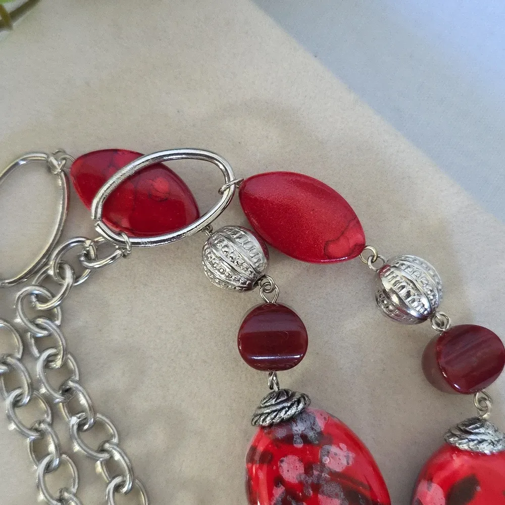Silver with Red Art Glass and Acrylic Beads Long Necklace - Image 5