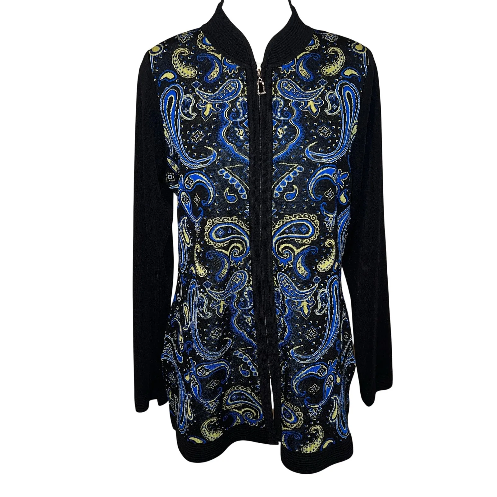 Misook Paisley Knit Zip Up Hip Length Cardigan Sweater Black Blue Yellow Size S - Image 2