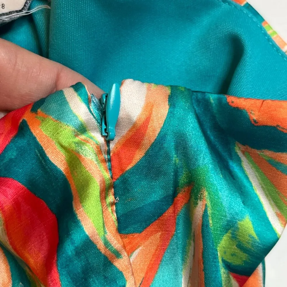 NICOLE MILLER Tropical One Shoulder Maxi Front Slit Dress Fancy Belted 8 Satin - Image 14