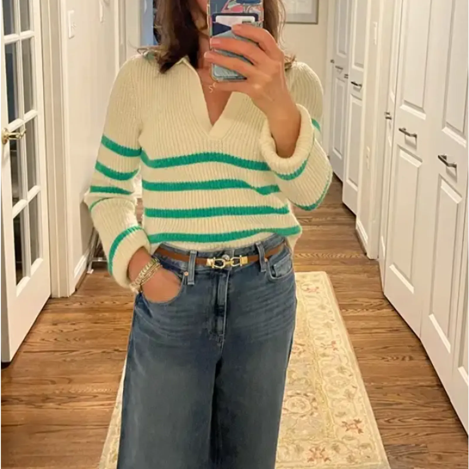 Central Park West Green Stripe Polo Sweater LARGE Rugby Preppy Designer $166 - Image 10