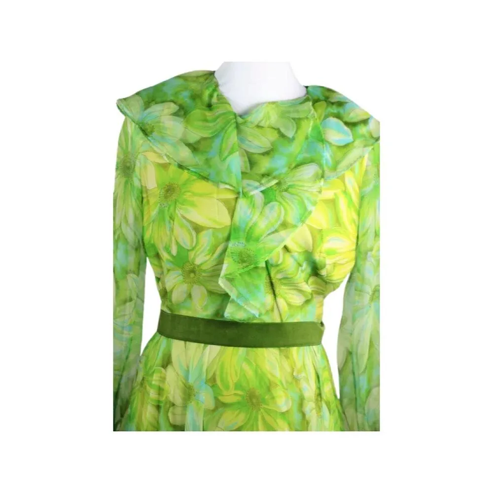 Vintage 1970s Jack Bryan Green Floral Print Chiffon Maxi Dress Medium - Image 2