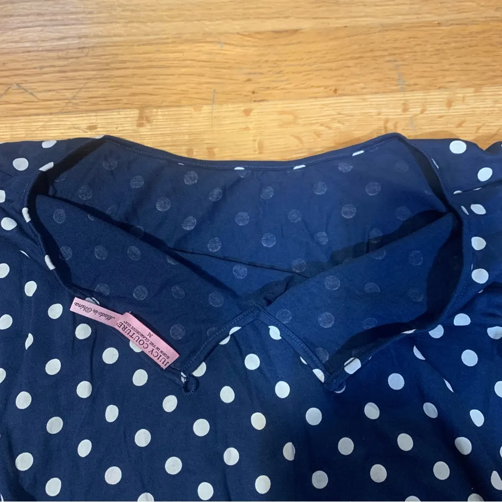 Juicy Couture Pam Gela Polka Dot Smocked Blouse Navy Blue Women's Medium - Image 5