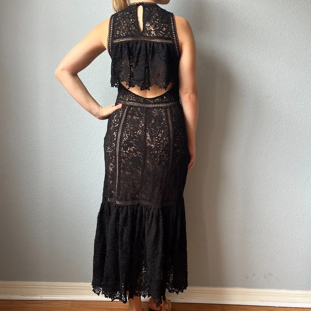 Rebecca Taylor Black Lace Cut Out Ruffle Tiered Midi Arella Dress - Image 6