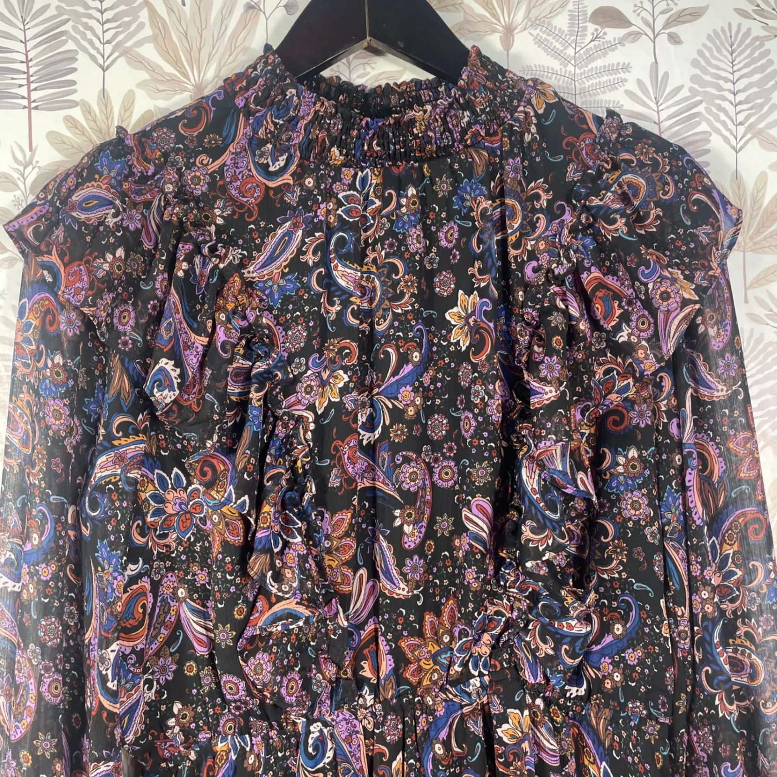 Fate Women's Boho Paisley Mini Dress M Ruffle Long Sleeve Sheer Lined Multicolor Black Size M - Image 2