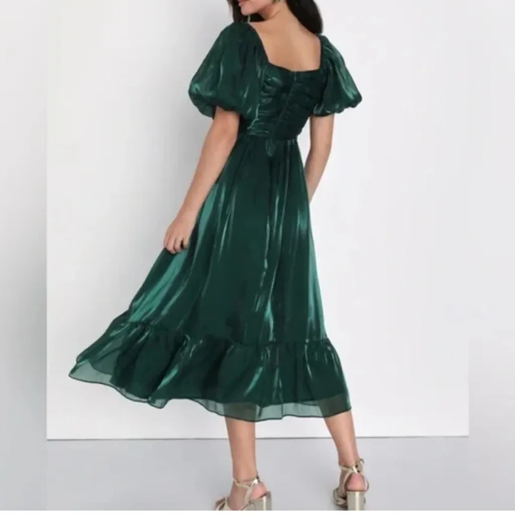 LuLu’s Remarkable Sensation Emerald Green Puff Sleeve Tiered Midi Dress Size L Size L - Image 2