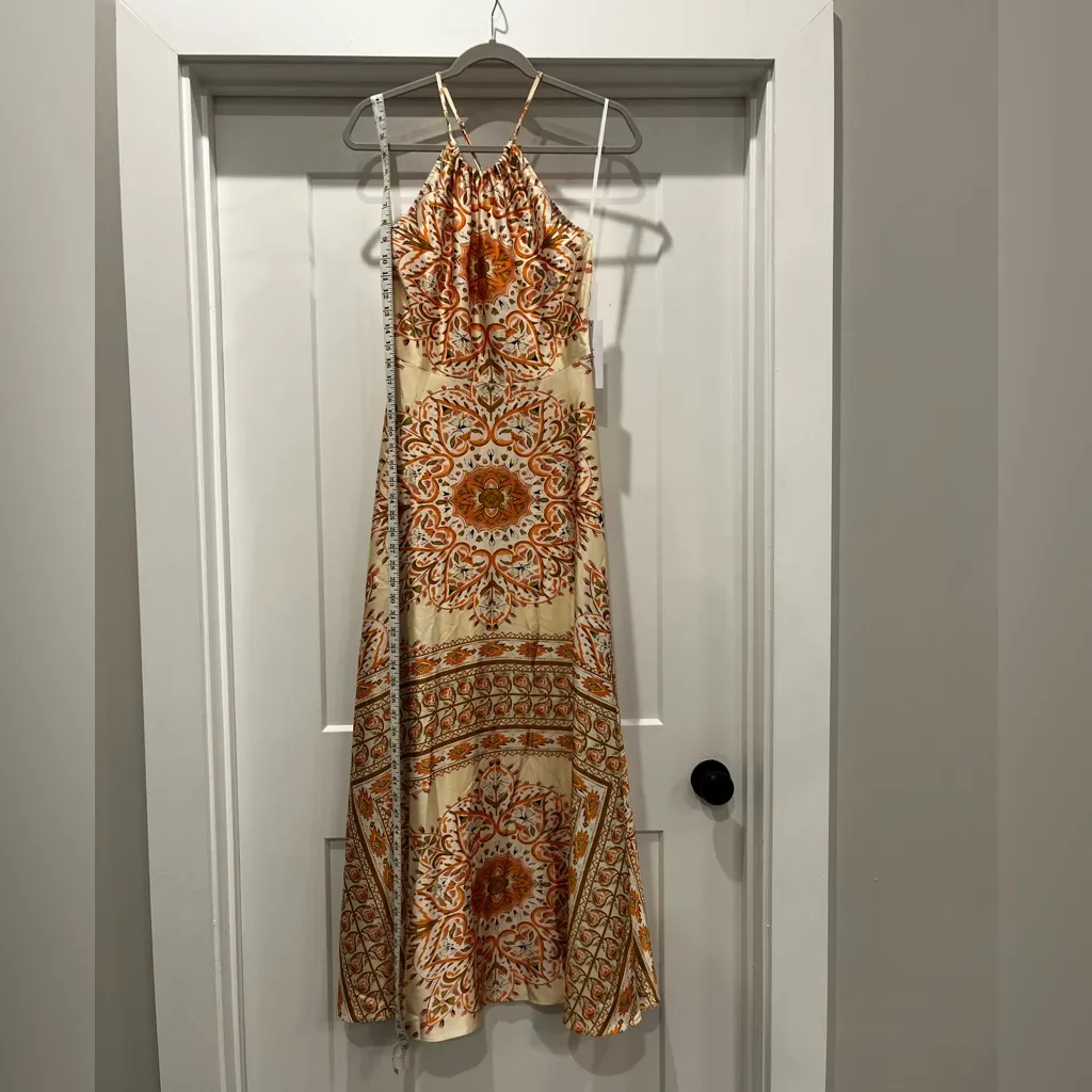 Aakaa Orange Cream Mosaic Boho Pattern Evening Maxi Halter Dress Size Small - Image 13