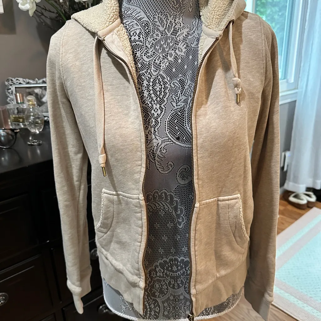 J.Crew Vintage Sherpa Lined Zip Hoodie Sweatshirt Beige Size Small - Image 4
