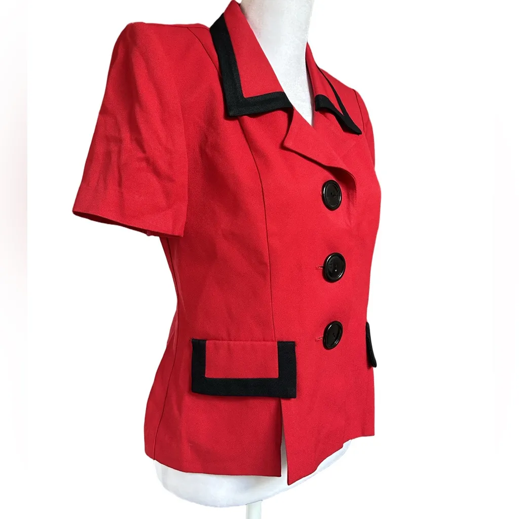 VNT 80s career bold red short sleeve shoulder pads black trim peplum blazer XS - Image 3