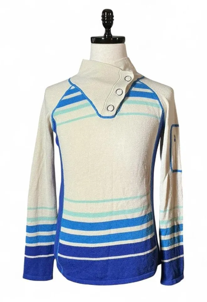Akini Women's Wool Striped Mock Neck Snap Button Knit Sweater Size M Winter - Image 1