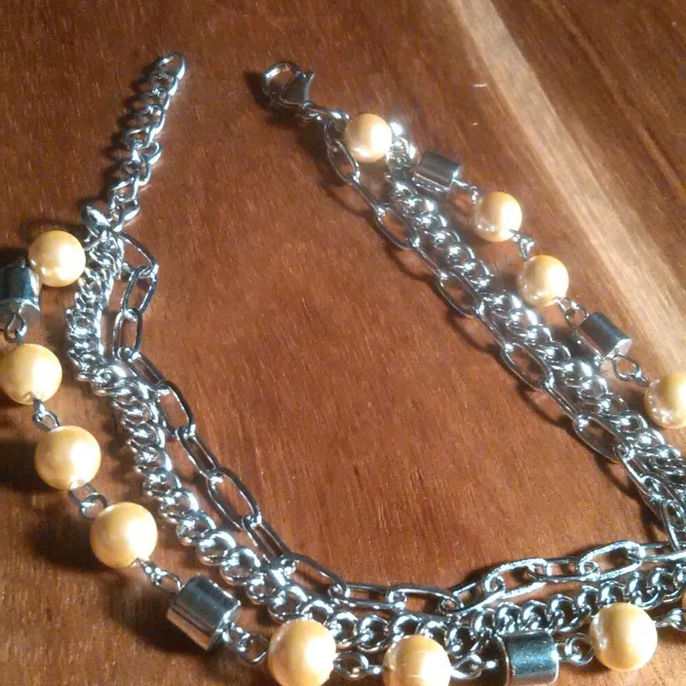 Golden Shell Pearl Stainless Steel Three Row Bracelet - Image 4