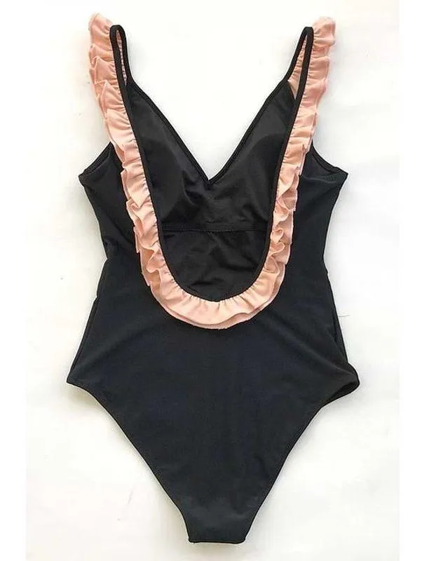 Cupshe Black with Pink Ruffle One-Piece Swimsuit women’s medium EUC bathing suit - Image 6