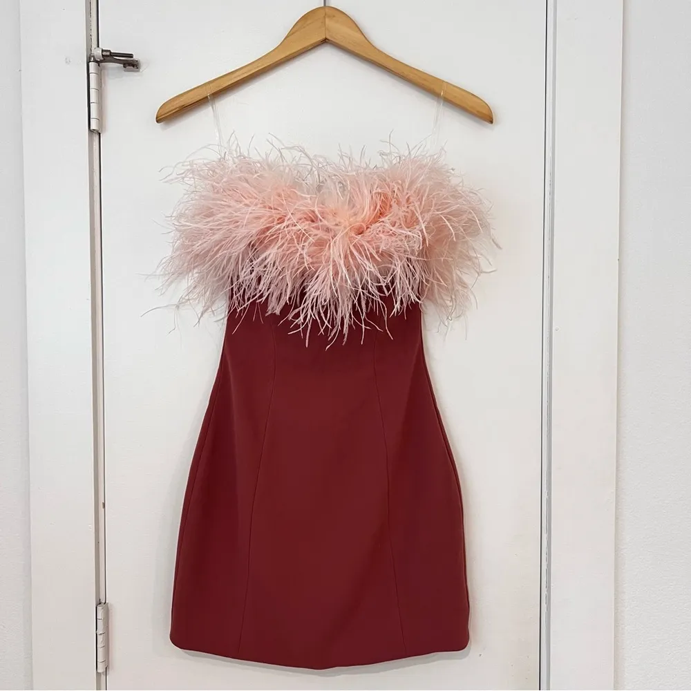 House of CB ALEXA Warm Pink Mini Dress Feather Trim - Image 4