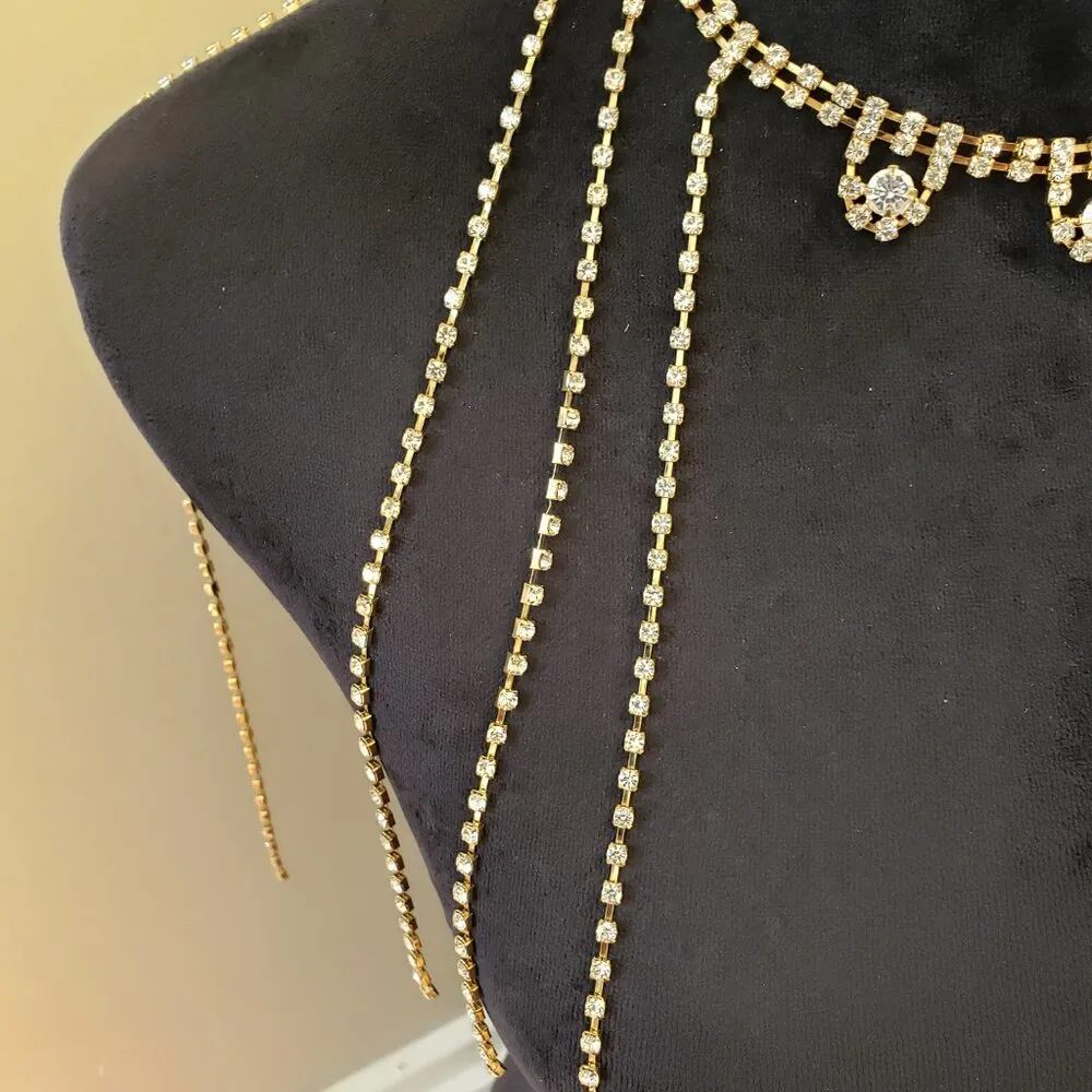 Womens Lingerie Multi Crystal Tassels Shoulder Rhinestone Chain Drops Necklace Gold - Image 5