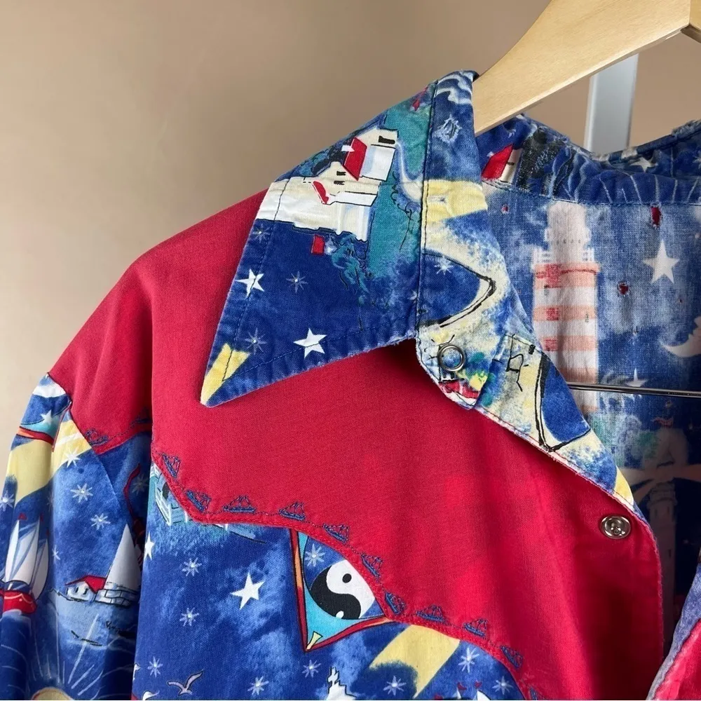 VINTAGE Women's XL Lighthouse Yin Yang Sun Moon Button Up Shirt Beach Y2K Granny Blue - Image 8